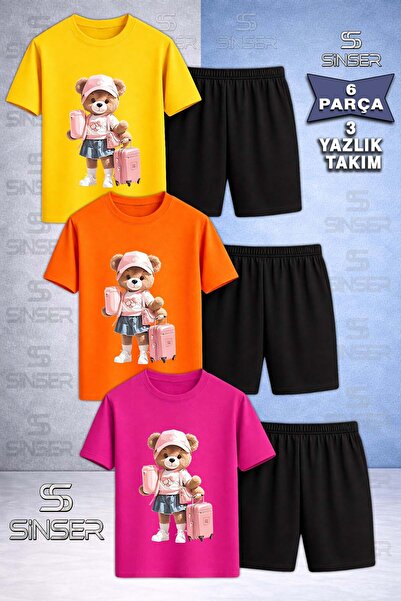 SS SİNSER Children's Girls with Teddy Bear Suitcases Special Printed Crew Nec...