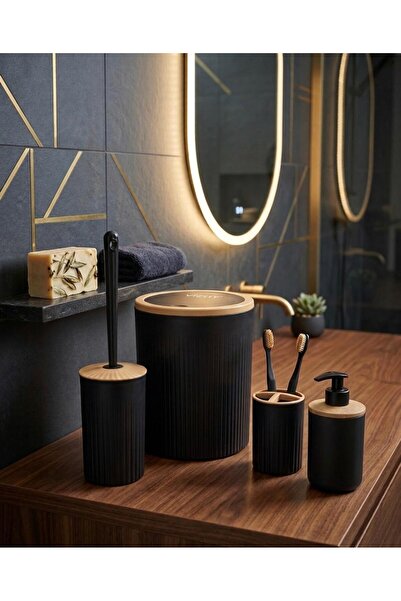 Buğra Home 4'LÜ ÇİZGİLİ BANYO SETİ ÇÖP KOVASI&FIRÇALIK&SABUNLUK&DİŞ FIRÇALIK