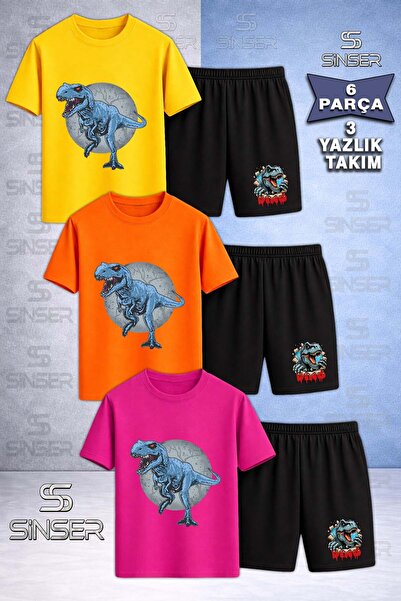 SS SİNSER Children's Dinosaur Blue in the Circle Custom Printed Crew Neck 3-P...