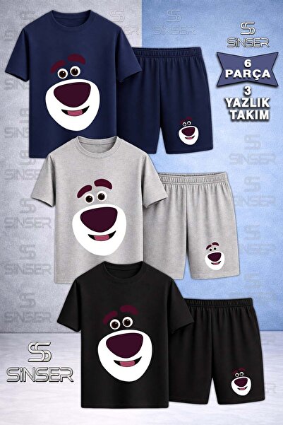 SS SİNSER Children's Bear Smiling Face Special Printed Crew Neck 3-Piece T-Sh...