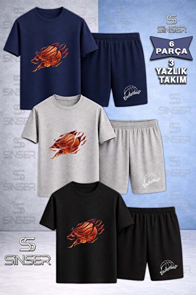 SS SİNSER Children's Basketball Flame Custom Printed Crew Neck 3-Piece T-Shir...