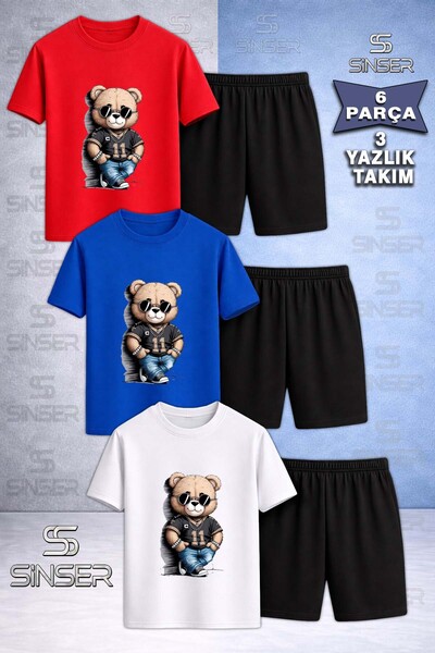 SS SİNSER Children's Bear Style 11 No Special Printed Crew Neck 3-Piece T-Shi...