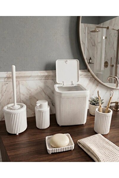Buğra Home OTOMATİK KAPAKLI ÇİZGİLİ 5 PARÇA BANYO SETİ