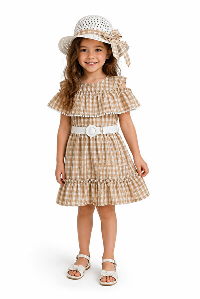 İrem Çocuk Giyim Girl's Gofre Model Fabric Belted Hat Brown Color Midi Length...