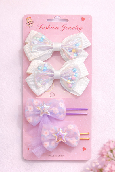 LİA CLİPS CO Girl's Hair Clip Set of 4 – White Bow & Lilac Star Detailed Hair...