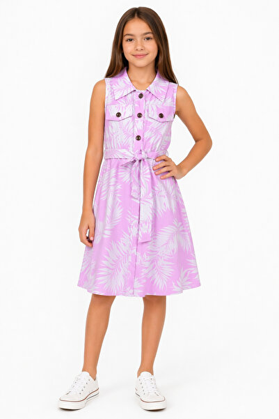 İrem Çocuk Giyim Girl's Pink Color Dress with Pocket Model, Belted Waist, But...