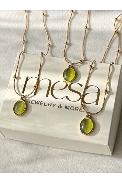 ANGELSS JEWELLERY Oval Green Stone Steel Necklace