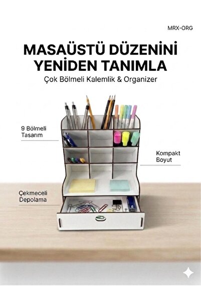 MRX منظم سطح المكتب من ORG |   حامل أقلام بـ 9 أقسام، منظم مكتب خشبي مع أدراج...