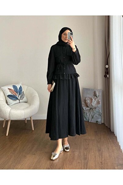 Miraydın Butik طقم تنورة وقميص بتفاصيل دانتيل M25191 - أسود