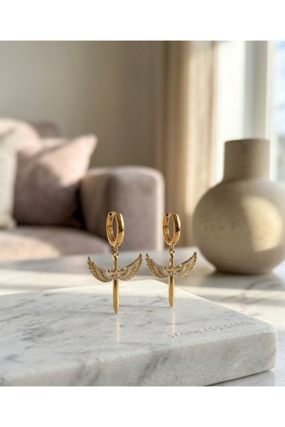 BANEDETTA Gold Color Winged Sword Detailed Hoop Earrings - Zircon Stone Non-Tarnish Dangle Earrings