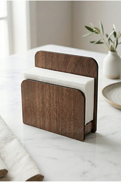 KaktüsKedi Dekoratif Doğal Ahşap Peçetelik | Lazer İşlemeli Şık Masaüstü Peçe...