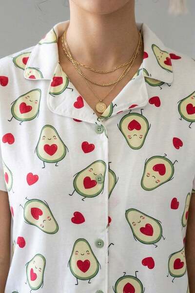 Niket Life Women's Avocado Patterned Shirt Collar Short Sleeve Long Cool Milan Fabric Pajama Set