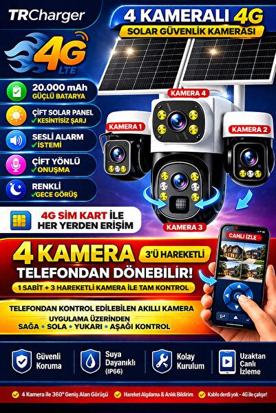 TRCharger 4 Kameralı 3 PTZ Otomatik 4G Güneş Enerji Solar Güvenlik Kamerası K...