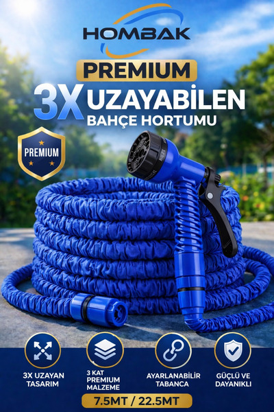 Hombak Mavi 3X Uzayan Bahçe Hortumu 7.5 Metre – 22.5 Metre Ayarlanabilir Taba...