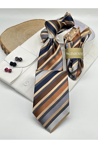 Gutiero Brown Mink Classic Tie with Striped Handkerchief