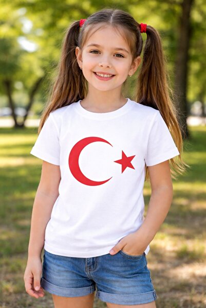 Bilge Trend Tricou din bumbac pieptănat alb, cu stea și lună și steag turcesc...