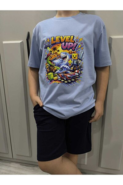 Pidal Giyim Gamer Temalı Level Up Baskılı Pamuklu Yumuşak Dokulu Kısa Kollu E...