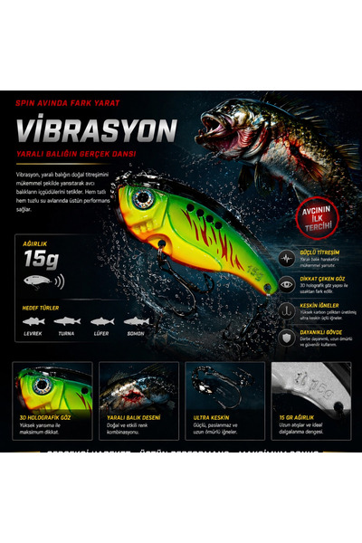 KILIÇ AV BAYİİ SELİM KILIÇ Vibrasyon Lure Sahte Balık – Neon Yaralı Desen, Tu...