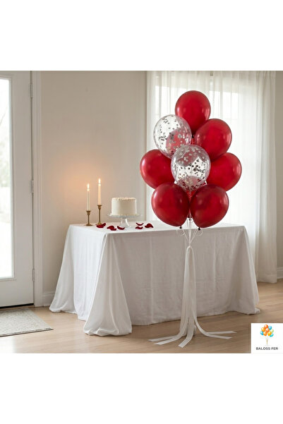 baloss fer Kırmızı Balon Seti 10’lu Gümüş Konfeti Şeffaf Balon Mini Parti Süsü