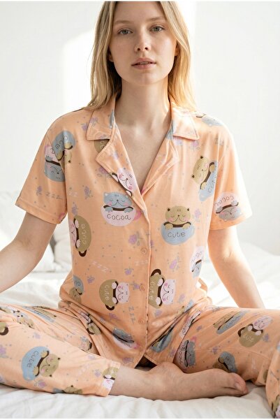 Pijamacs Σετ πιτζάμες με χαριτωμένο σχέδιο γάτας Salmon, κοντομάνικο, με απαλ...