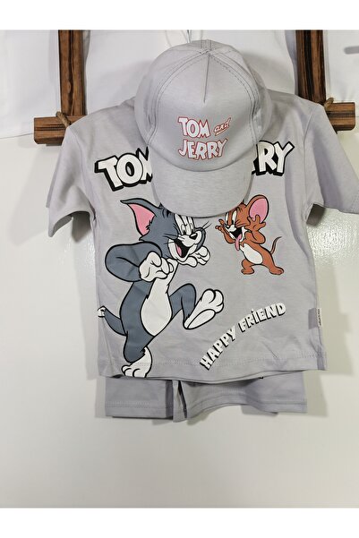 Diba bebek Tom ve Jerry Baskılı Şapka Hediyeli Erkek Çocuk Şortlu Alt Üst Takım