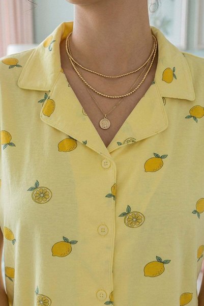 Niket Life Women's Lemon Patterned Shirt Collar Short Sleeve Long Cool Milan Fabric Pajama Set