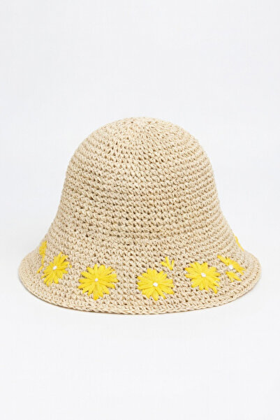 Mollycrush Women's Beige Straw Daisy Embroidered Summer Bucket |   Sun Protec...