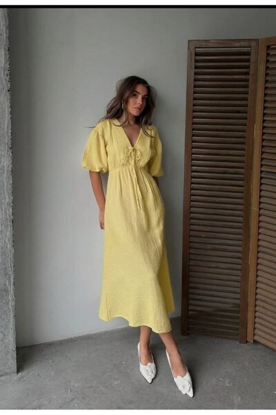 Noi Belis Μάξι φόρεμα με λαιμόκοψη V, ελαστική μέση και κοντά μανίκια, υφαντό...