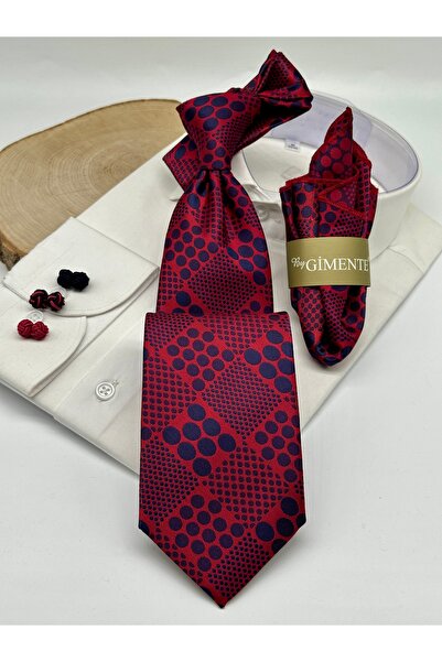 Gutiero Burgundy Navy Blue Polka Dot Classic Tie with Handkerchief