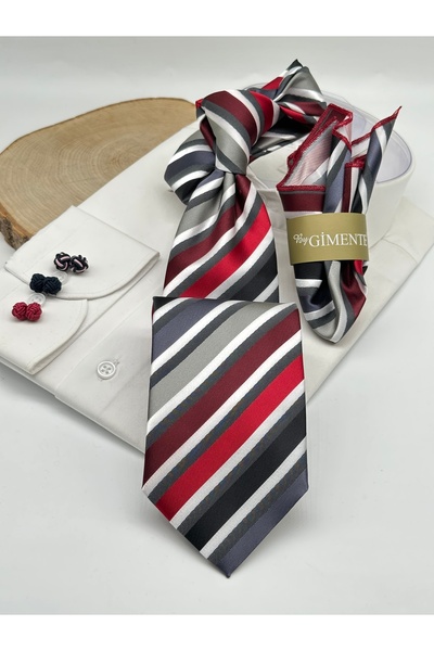 Gutiero Black and Red Striped Classic Tie with Handkerchief