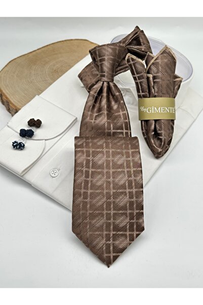 Gutiero Brown Patterned Classic Tie with Handkerchief