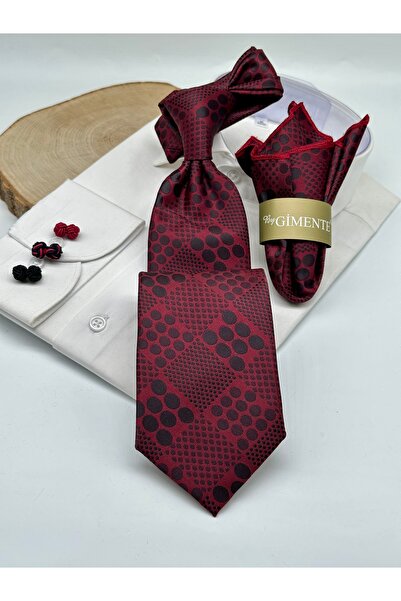 Gutiero Burgundy Black Polka Dot Classic Tie with Handkerchief