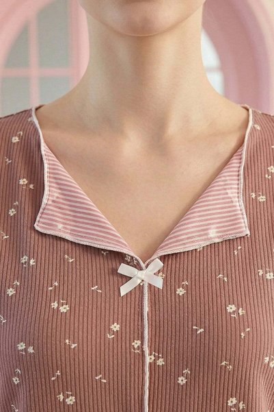 Niket Life Women's Tiny Floral Patterned Ribbed V-Neck Short Sleeve Shorts Cool Viscose Camisole Pajama Set