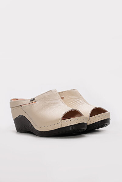Ayakkabıhane Inside and Outside Genuine Leather Beige Women's Wedge Heeled Sl...