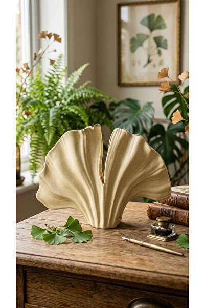 END Design Ginkgo Biloba Beige Marble Patterned Vase – Artistic Decorative Ob...