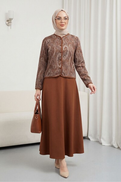 Modamorfo Top Button Ethnic Pattern Skirted Crepe Suit -Brown