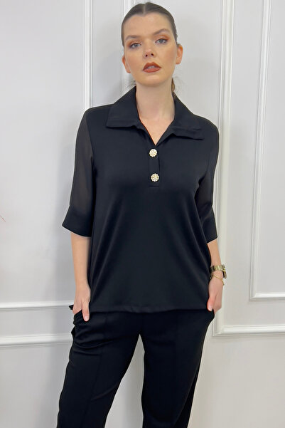 EtkiModa Women's Black Tulle Sleeve Shirt Collar Blouse