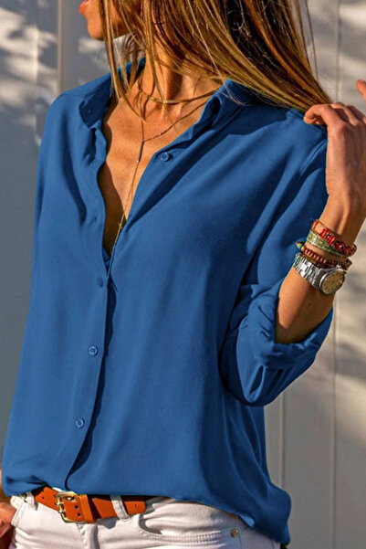 MetuCA Women's Blue Solid Color Woven Cotton Viscose Fabric Long Sleeve Basic...