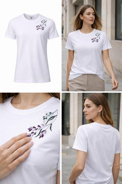 yubistitch Tshirt Embroidered Lavender-1- Combed Cotton-White