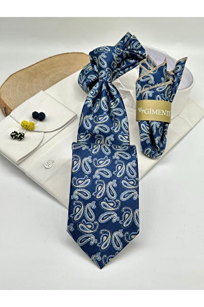 Gutiero Classic Tie with Blue Paisley Patterned Handkerchief