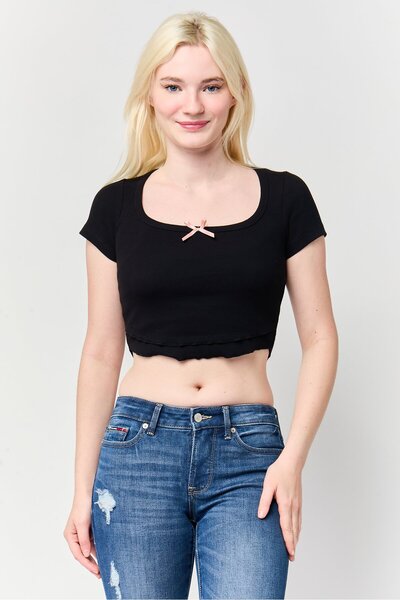 Don't Call Me Jennyfer Women U Neck Short Sleeves Textured Top, Black