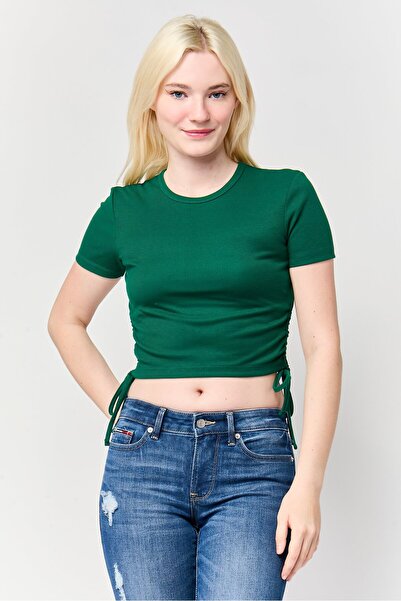 Don't Call Me Jennyfer Women Crew Neck Short Sleeve Ribbed Crop Top, Green