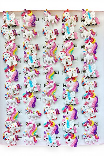 SHEKER HOME Kız Çocuk 6 Adet Unicorn Figürlü Yüzük Seti Renkli Simli Ayarlana...