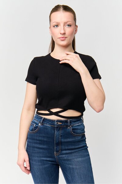 Don't Call Me Jennyfer Women Round Neck Short Sleeve Ribbed Top, Black