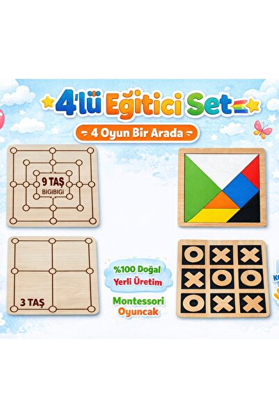 Bigibigi Ahşap 4’lü Zeka Oyunu Seti 9taş 3taş Tanırım Xox | Montessori Eğitic...