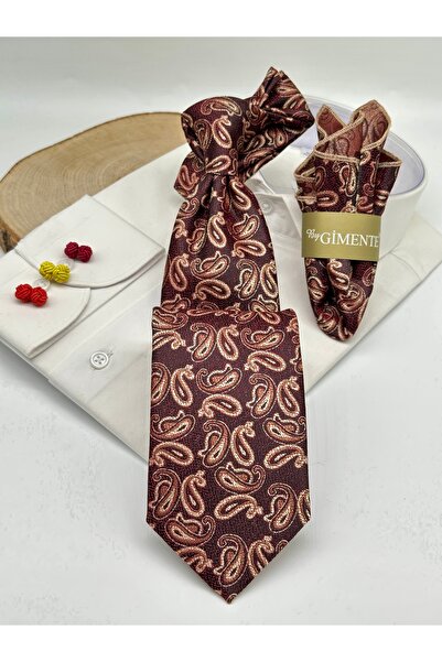 Gutiero Claret Red Paisley Patterned Classic Tie with Handkerchief