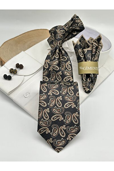 Gutiero Classic Tie with Black Paisley Patterned Handkerchief