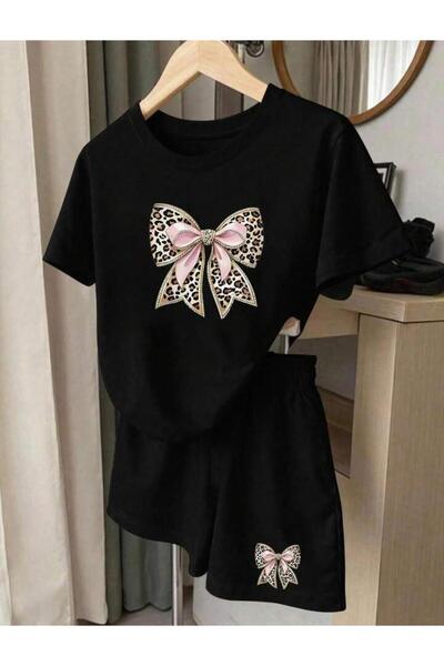 No Plan Girls' Black Round Neck T-Shirt and Shorts Set