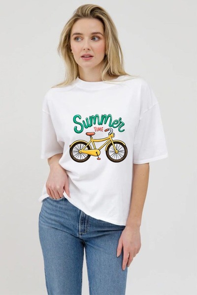 Özel Baskılı Oversize Pamuklu Bisiklet Yaka T-Shirt