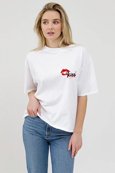 Özel Baskılı Oversize Pamuklu Bisiklet Yaka T-Shirt